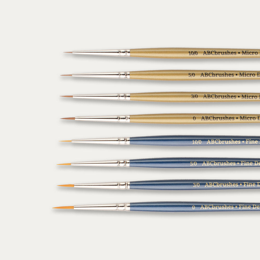 Close-up of the brush tips of the ABC Brushes All Media Micro Detail Synthetic brush range on a white background. 