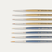 Close-up of the brush tips of the ABC Brushes All Media Micro Detail Synthetic brush range on a white background. 