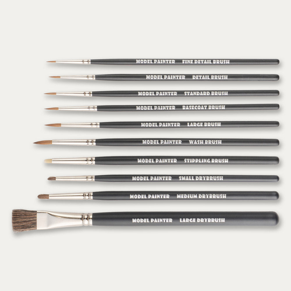 Set of ABC Brushes Model Painter Sablon and Dry Brushes on a white background.