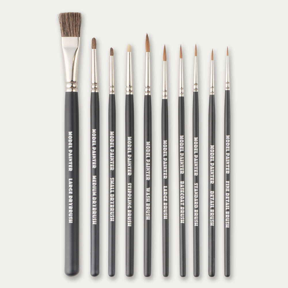 Set of ABC Brushes Model Painter Sablon and Dry Brushes on a white background.