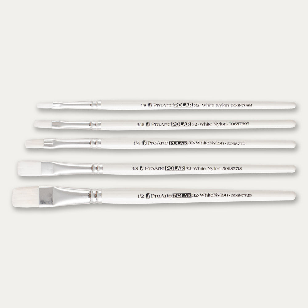 Pro Arte White Nylon flat paint brush set on a white background.