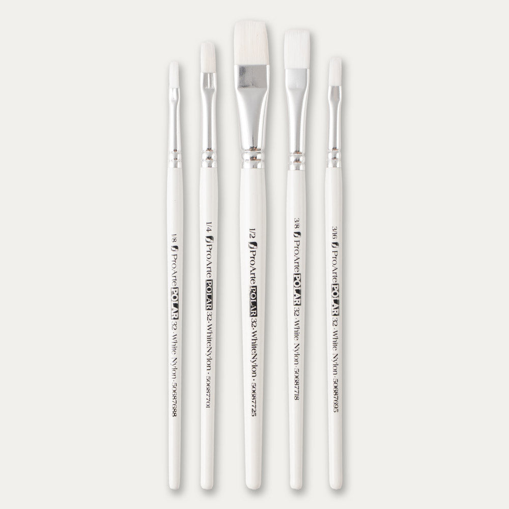 Pro Arte White Nylon flat paint brush set on a white background.