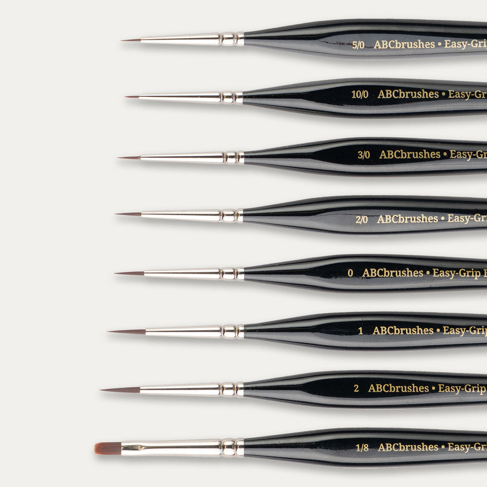 Close-up of the brush tips of the ABC Brushes Easy-Grip Elite Miniature Brush range on a white background.