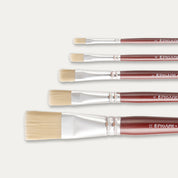 Closeup of the tips of Five Pro Arte Dry Flat brushes arranged in size order, laid out sideways on a white background.