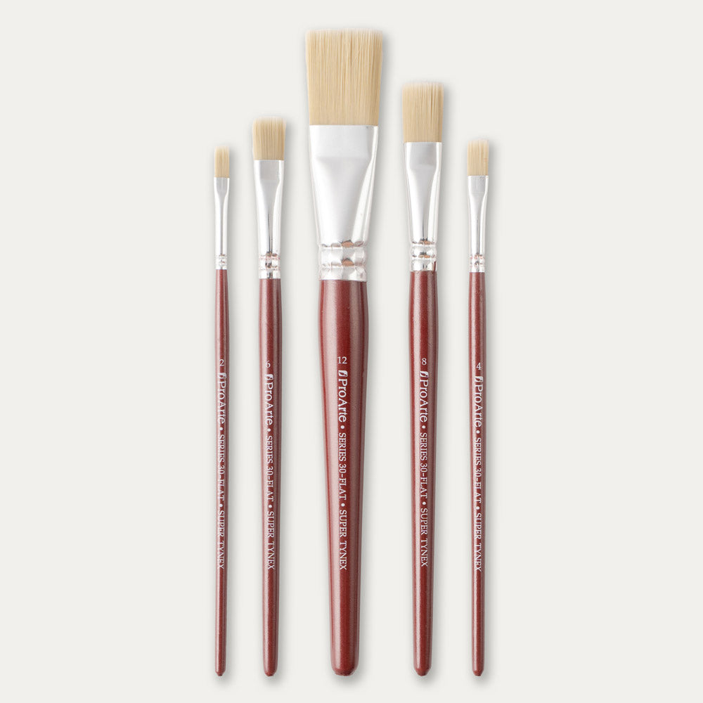 Five Pro Arte Dry Flat brushes, laid out on a white background.