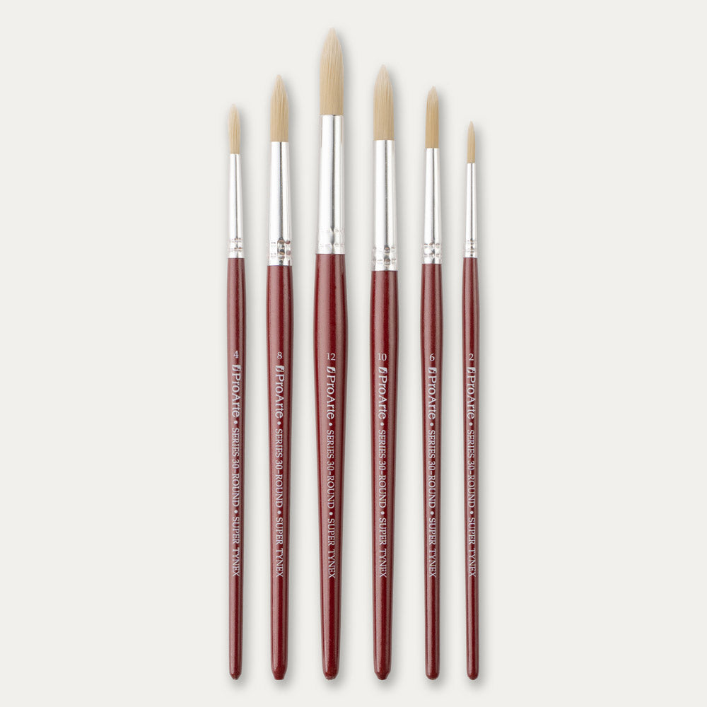 Six Pro Arte Round Dry brushes, laid out on a white background.