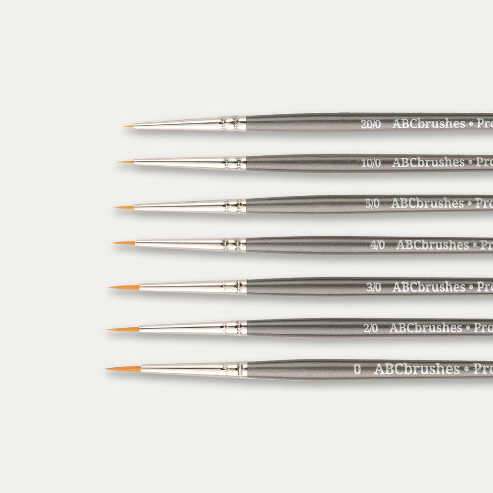 Close-up of the brush tips of the ABC Brushes Prolon All Media small brush range on a white background. 