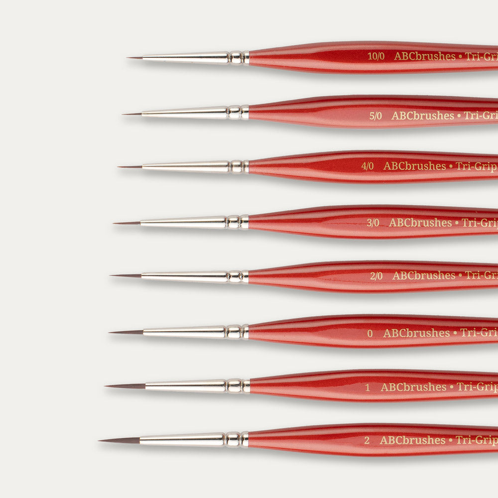 Clsoe-up of the brush tips of the ABC Brushes Tri-Grip Detailer range on a white background. 
