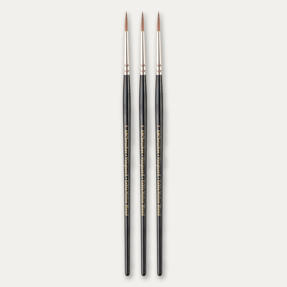 Three size 3 ABC Brushes Vanguard paint brushes on a white background.