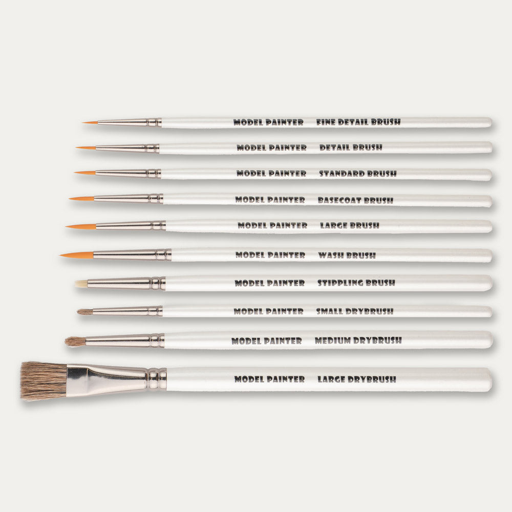 ABC Brushes Model Painter Synthetic and Dry Brushes set laid out sideways on a white background.