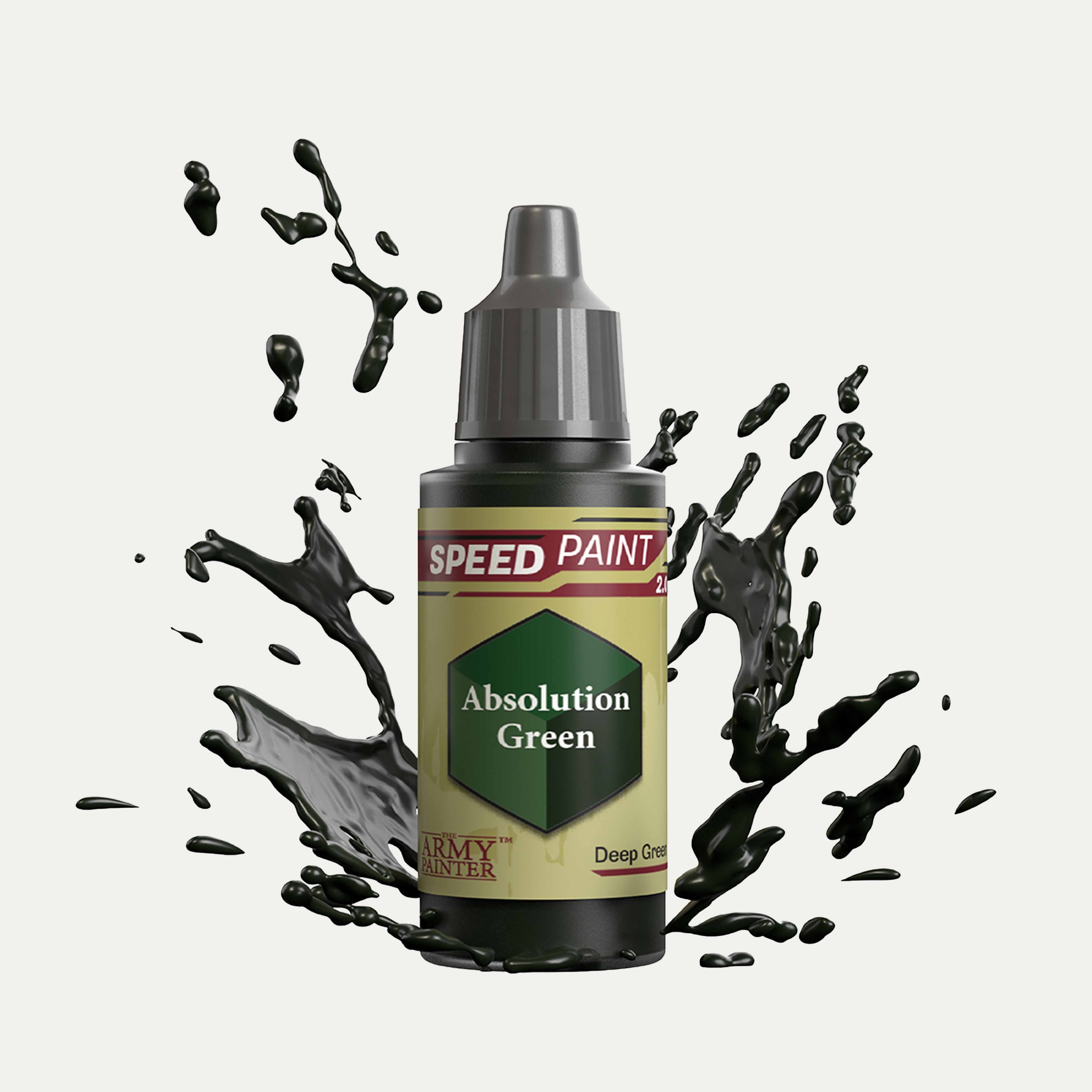 Bottle of the Army Painter Speedpaint in the colour Absolution Green on a white background. There are splatters of Absolution Green paint emerging from the bottom of the paint bottle.