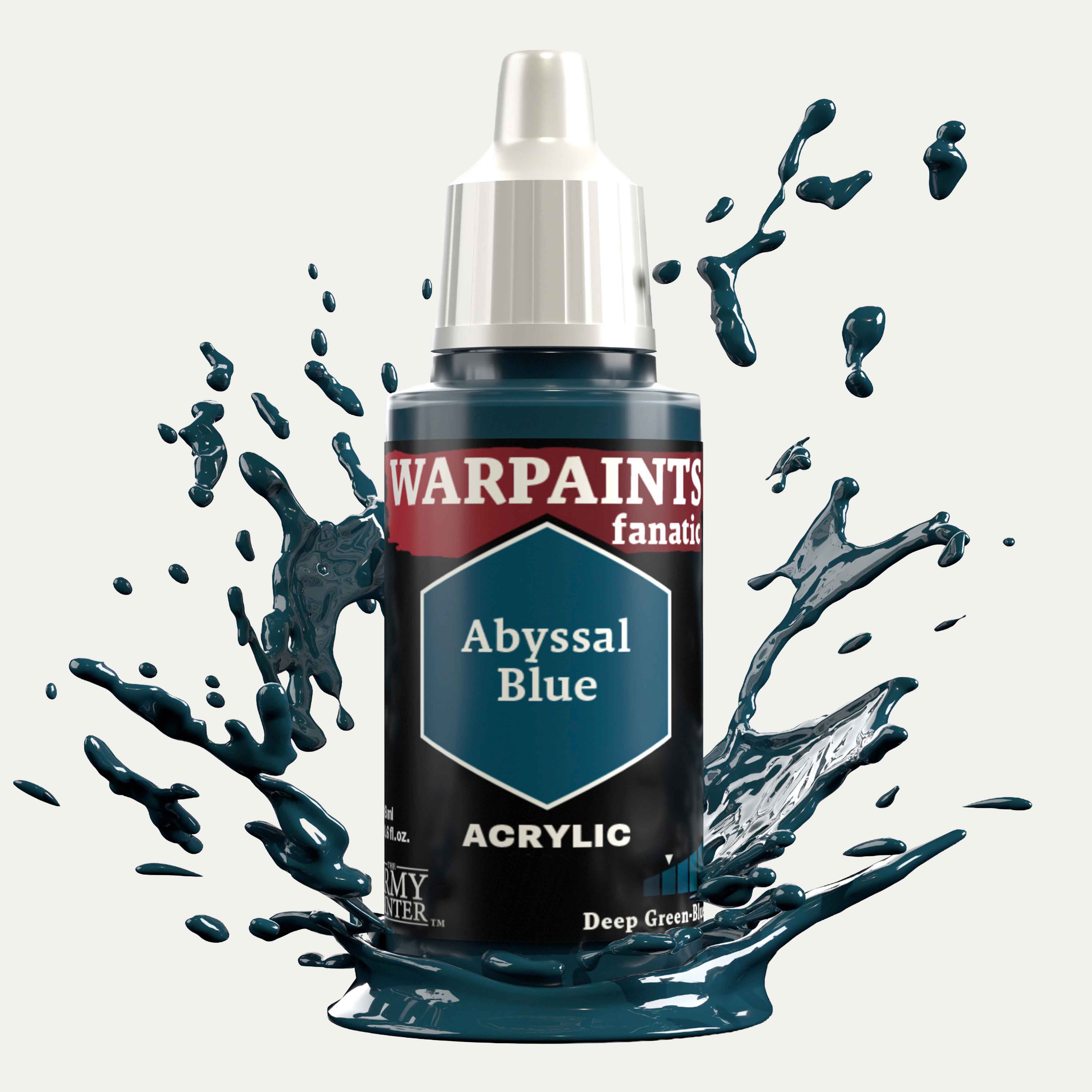 Bottle of the Army Painter Fanatics in the colour Abyssal Blue on a white background. There are splatters of paint emerging from the bottom of the paint bottle. 