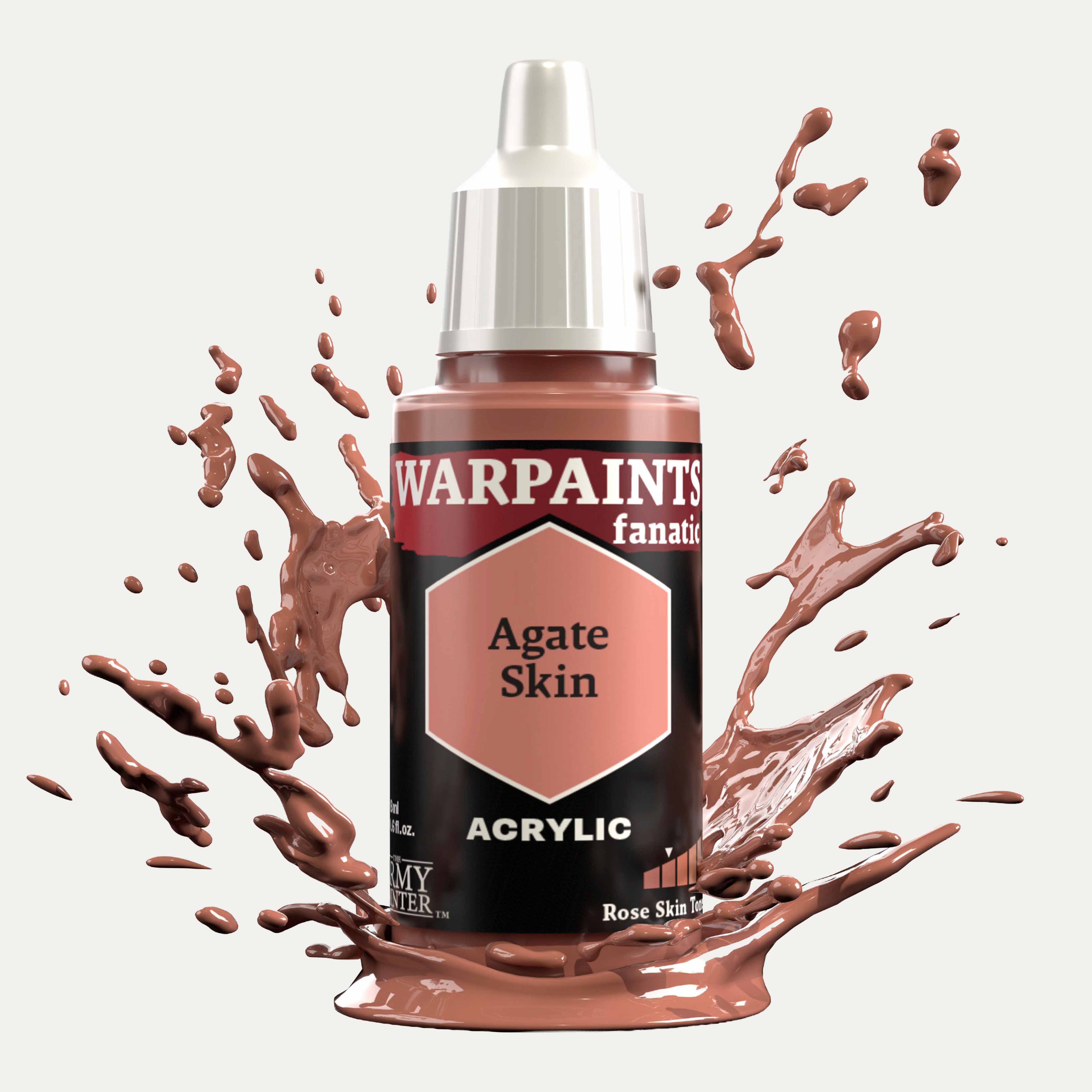Bottle of the Army Painter Fanatics in the colour Agate Skin on a white background. There are splatters of paint emerging from the bottom of the paint bottle. 