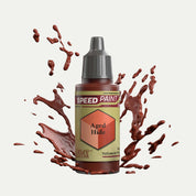Bottle of the Army Painter Speedpaint in the colour Aged Hide on a white background. There are splatters of Aged Hide paint emerging from the bottom of the paint bottle. 