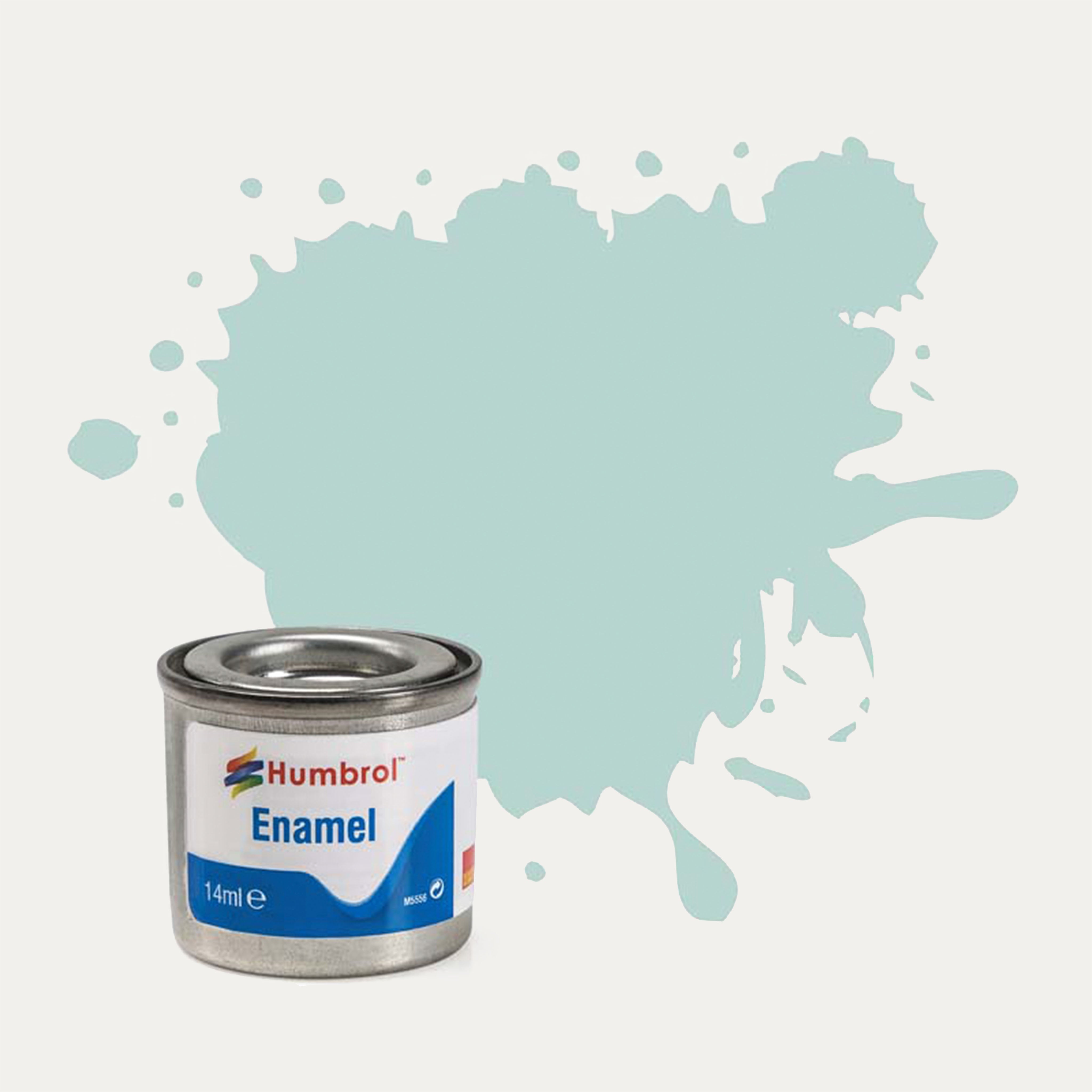 Humbrol Enamel paint tin, with a splatter of Aircraft Blue Matt colour behind it, on a white background.