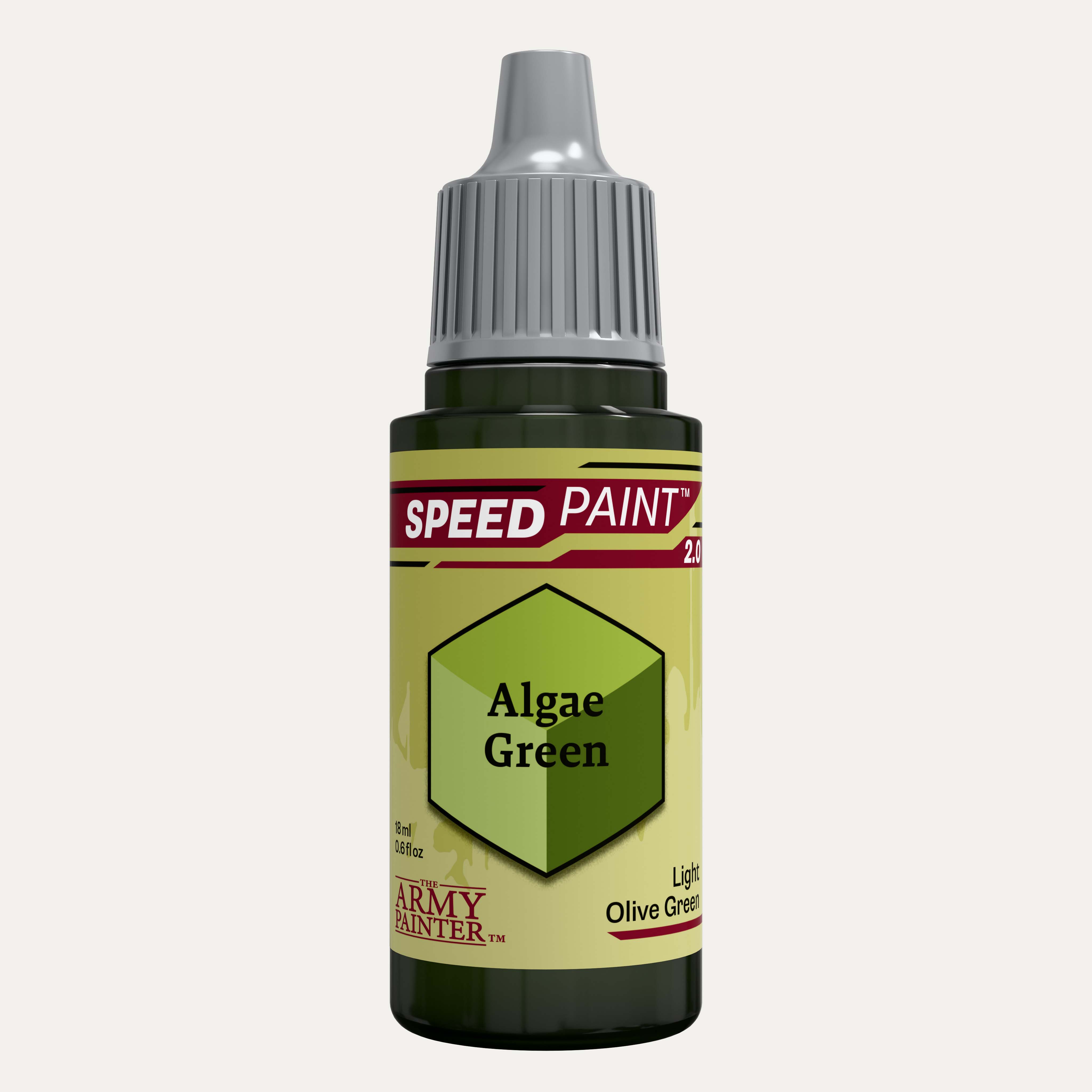 Bottle of the Army Painter Speedpaint in the colour Algae Green on a white background. 