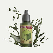 Bottle of the Army Painter Speedpaint in the colour Algae Green on a white background. There are splatters of Algae Green paint emerging from the bottom of the paint bottle. 