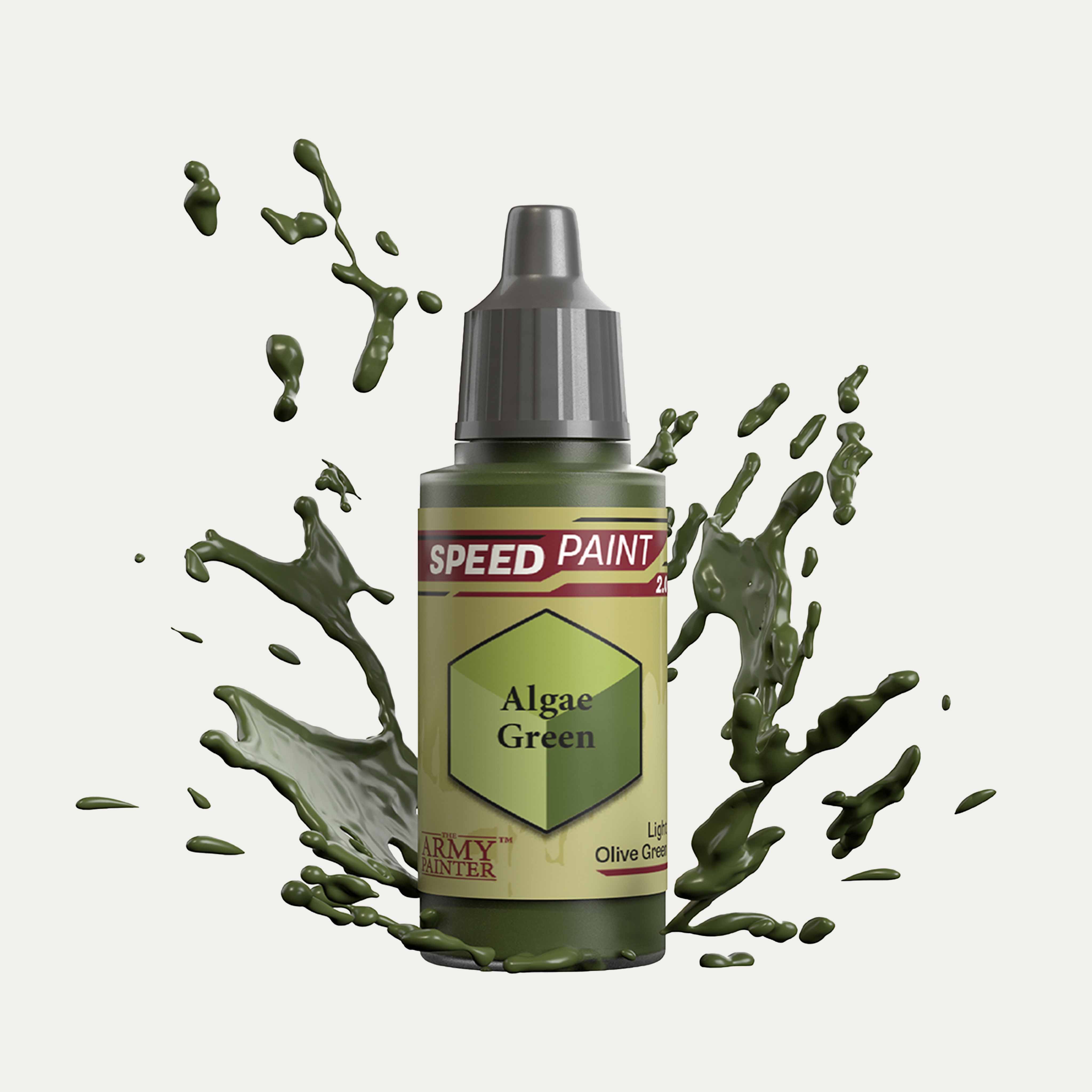 Bottle of the Army Painter Speedpaint in the colour Algae Green on a white background. There are splatters of Algae Green paint emerging from the bottom of the paint bottle. 