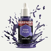 Bottle of the Army Painter Fanatics in the colour Alien Purple on a white background. There are splatters of paint emerging from the bottom of the paint bottle. 