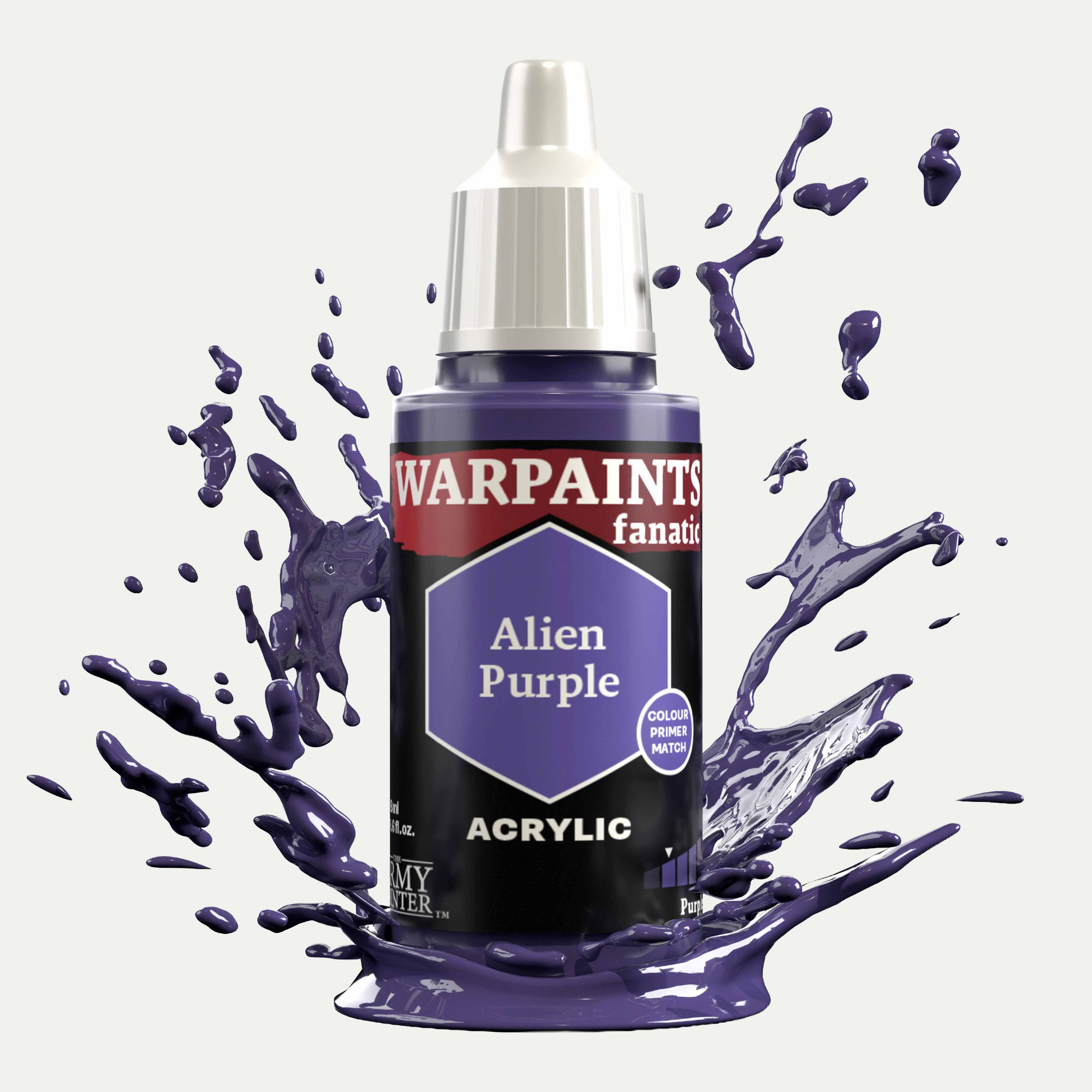 Bottle of the Army Painter Fanatics in the colour Alien Purple on a white background. There are splatters of paint emerging from the bottom of the paint bottle. 
