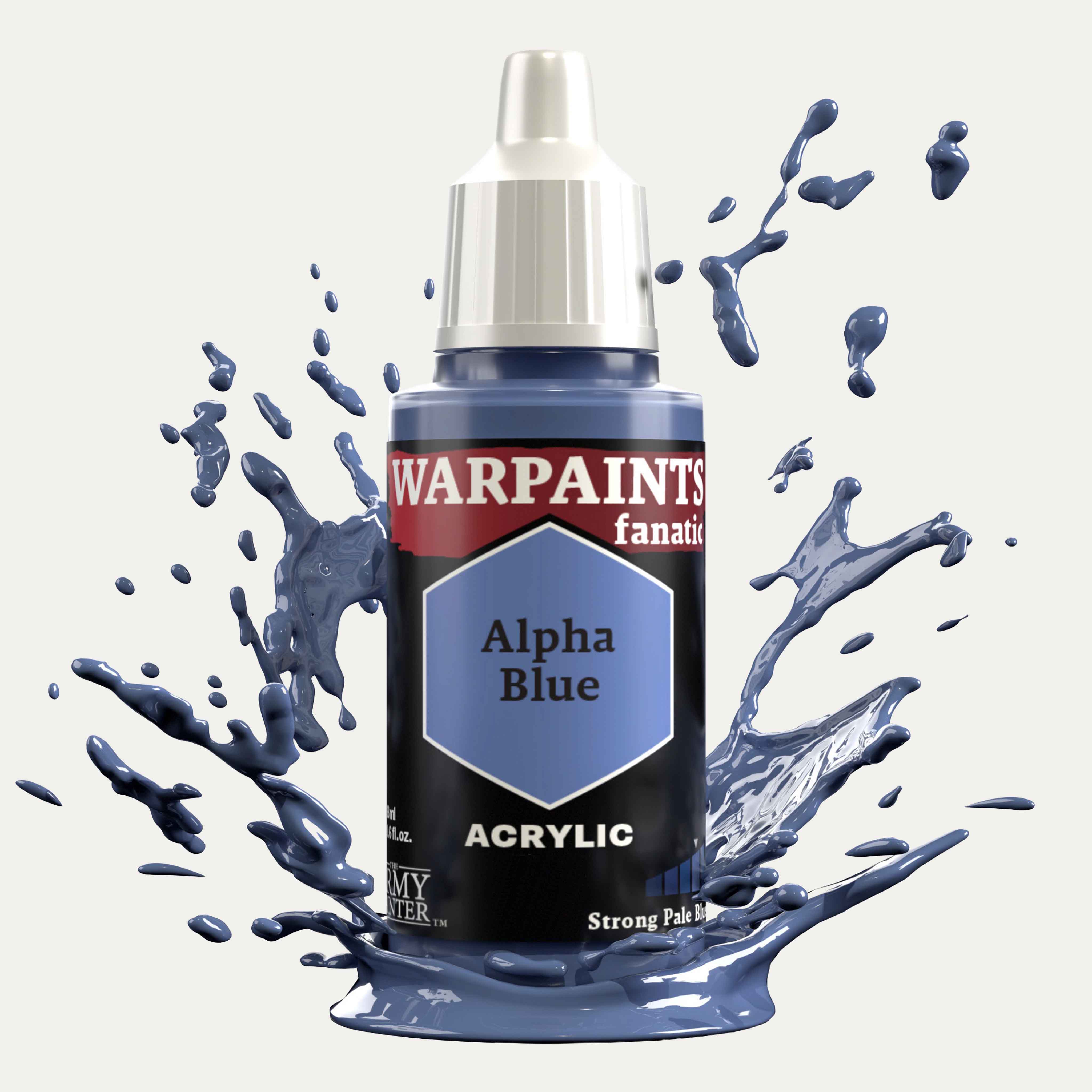 Bottle of the Army Painter Fanatics in the colour Alpha Blue on a white background. There are splatters of paint emerging from the bottom of the paint bottle. 