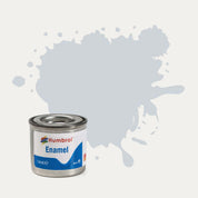 Humbrol Enamel paint tin, with a splatter of Aluminium Metalcote colour behind it, on a white background.