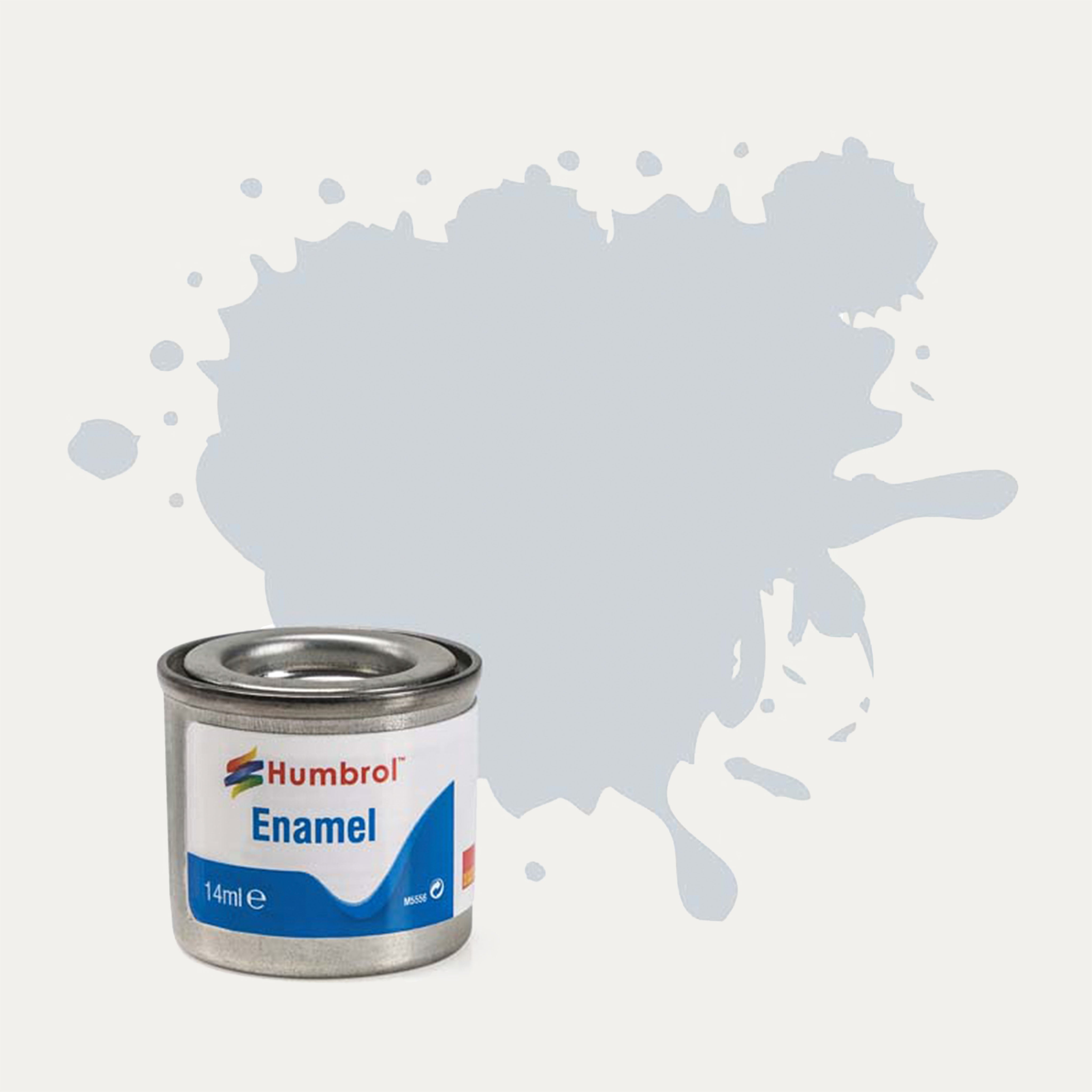 Humbrol Enamel paint tin, with a splatter of Aluminium Metalcote colour behind it, on a white background.