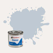 Humbrol Enamel paint tin, with a splatter of Aluminium Metallic colour behind it, on a white background.
