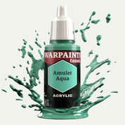 Bottle of the Army Painter Fanatics in the colour Amulet Aqua on a white background. There are splatters of paint emerging from the bottom of the paint bottle. 