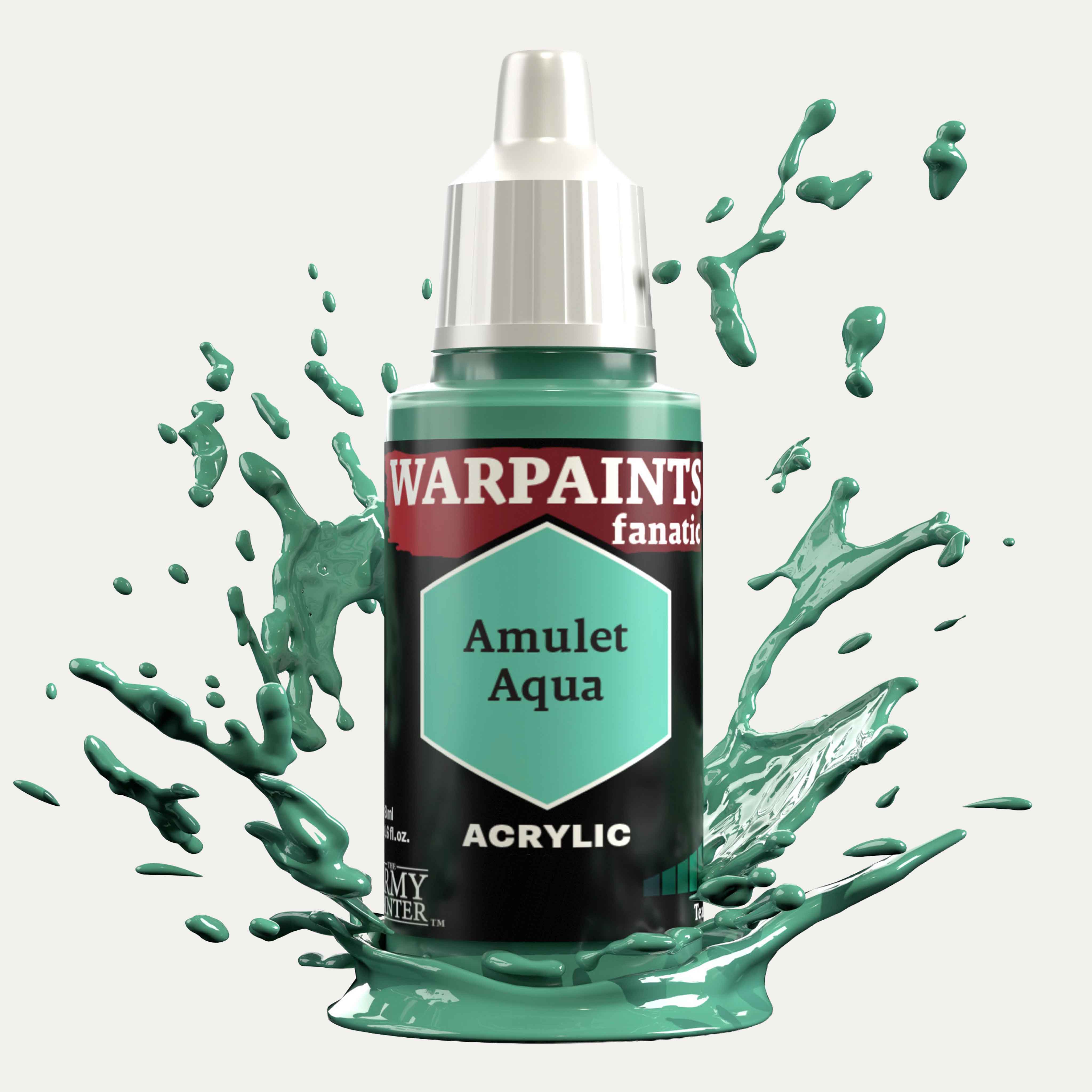 Bottle of the Army Painter Fanatics in the colour Amulet Aqua on a white background. There are splatters of paint emerging from the bottom of the paint bottle. 
