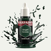 Bottle of the Army Painter Fanatics in the colour Angel Green on a white background. There are splatters of paint emerging from the bottom of the paint bottle. 
