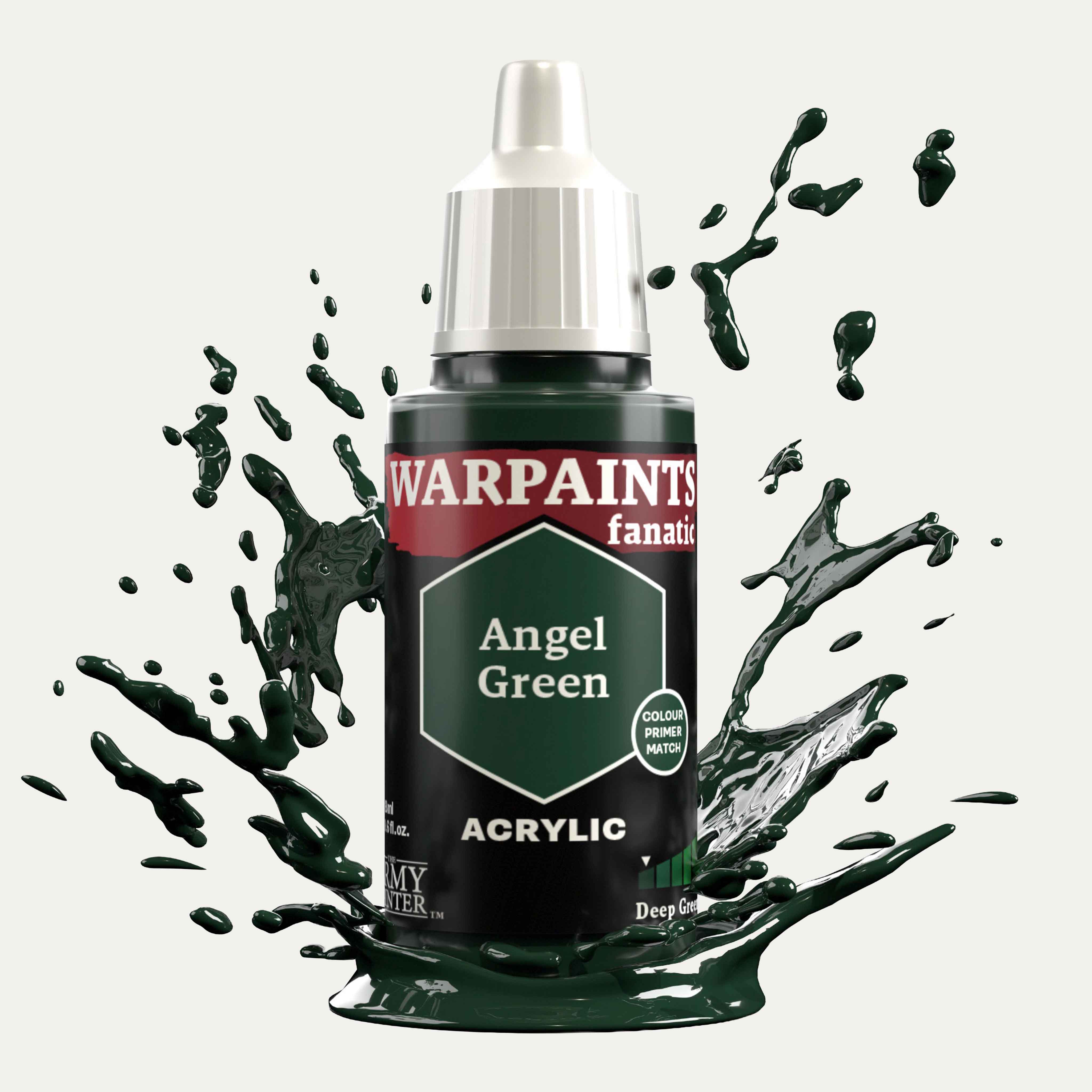 Bottle of the Army Painter Fanatics in the colour Angel Green on a white background. There are splatters of paint emerging from the bottom of the paint bottle. 