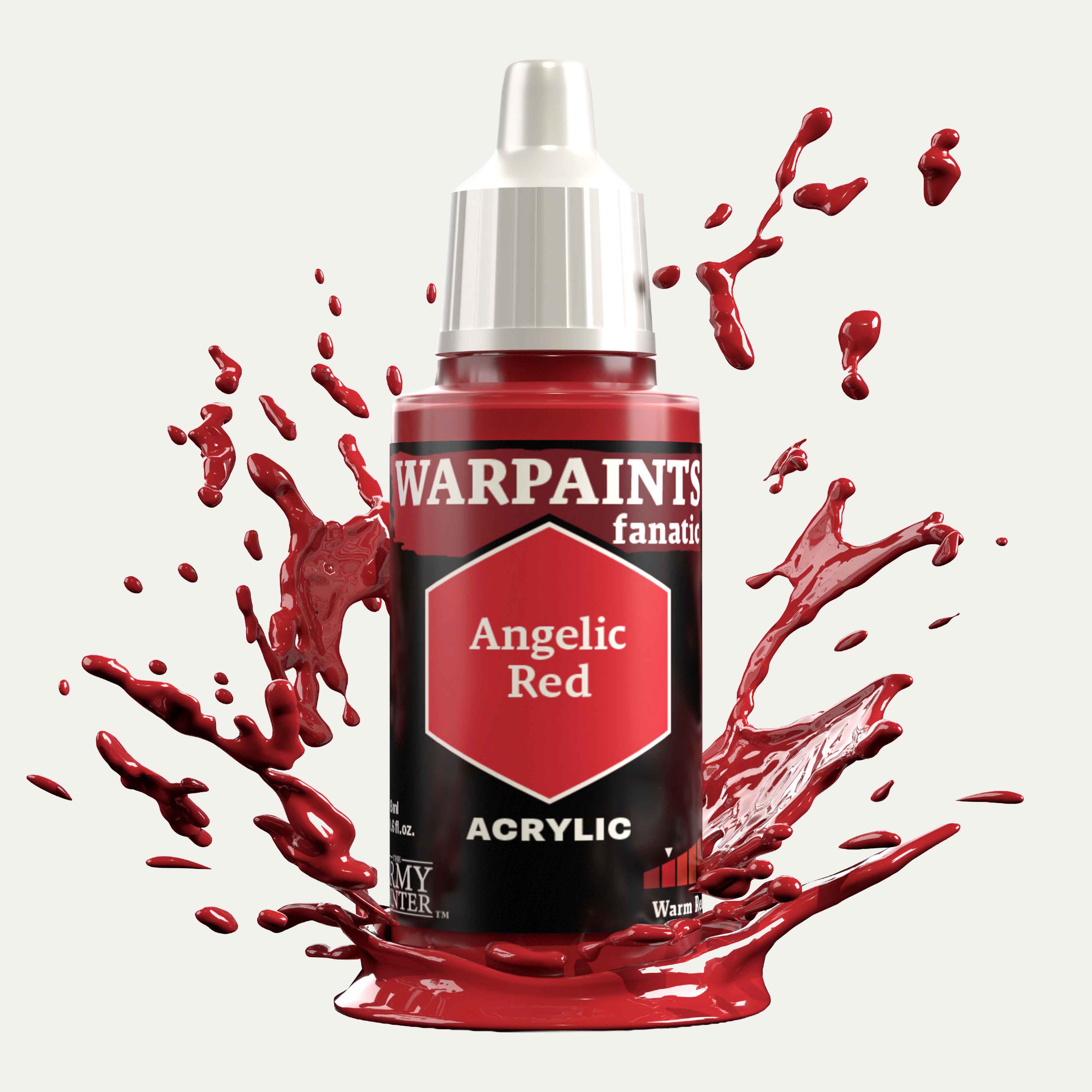 Bottle of the Army Painter Fanatics in the colour Angelic Red on a white background. There are splatters of paint emerging from the bottom of the paint bottle. 