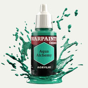 Bottle of the Army Painter Fanatics in the colour Aqua Alchemy on a white background. There are splatters of paint emerging from the bottom of the paint bottle. 