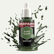 Bottle of the Army Painter Fanatics in the colour Army Green on a white background. There are splatters of paint emerging from the bottom of the paint bottle. 