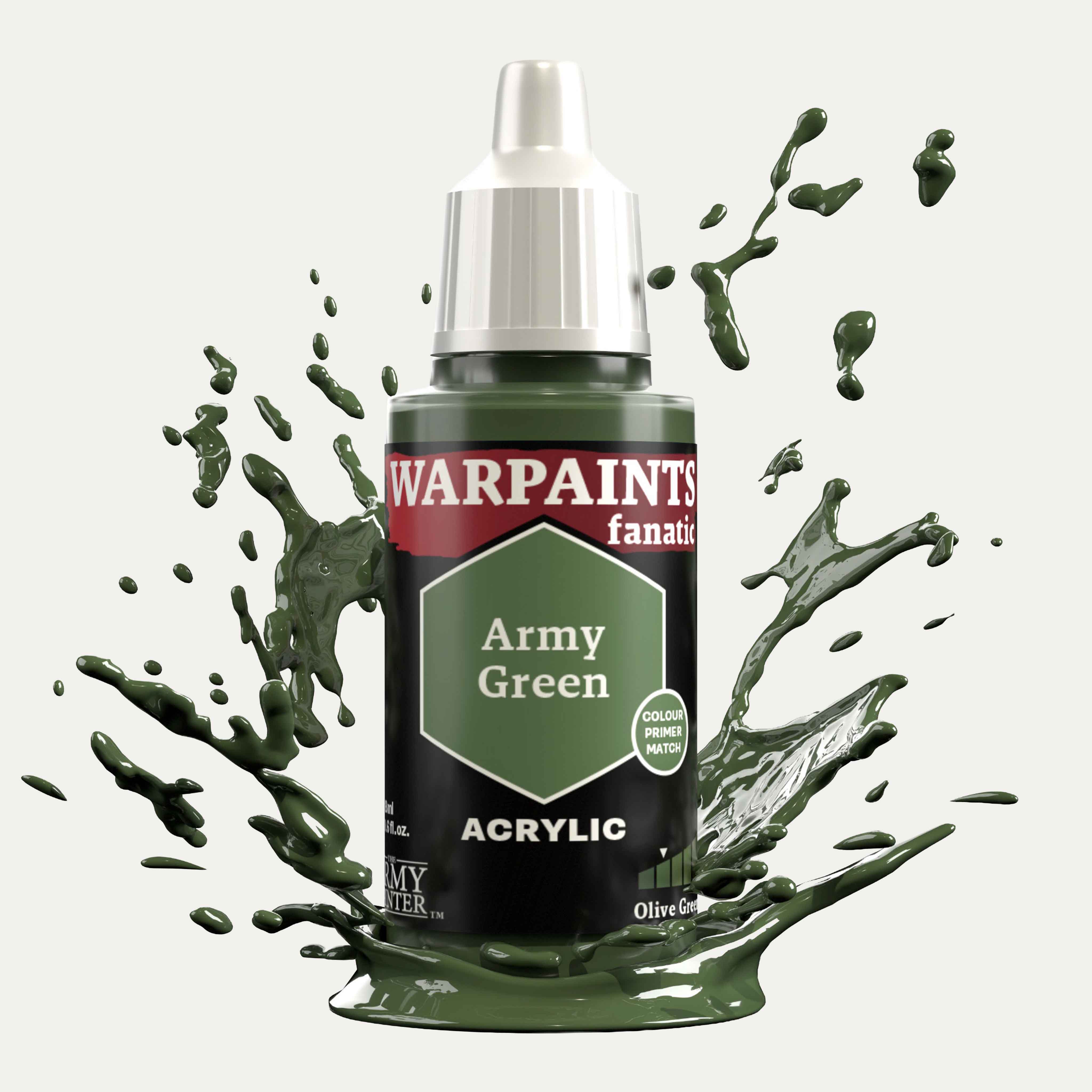 Bottle of the Army Painter Fanatics in the colour Army Green on a white background. There are splatters of paint emerging from the bottom of the paint bottle. 