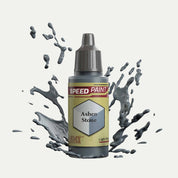 Bottle of the Army Painter Speedpaint in the colour Ashen Stone on a white background. There are splatters of Ashen Stone paint emerging from the bottom of the paint bottle. 