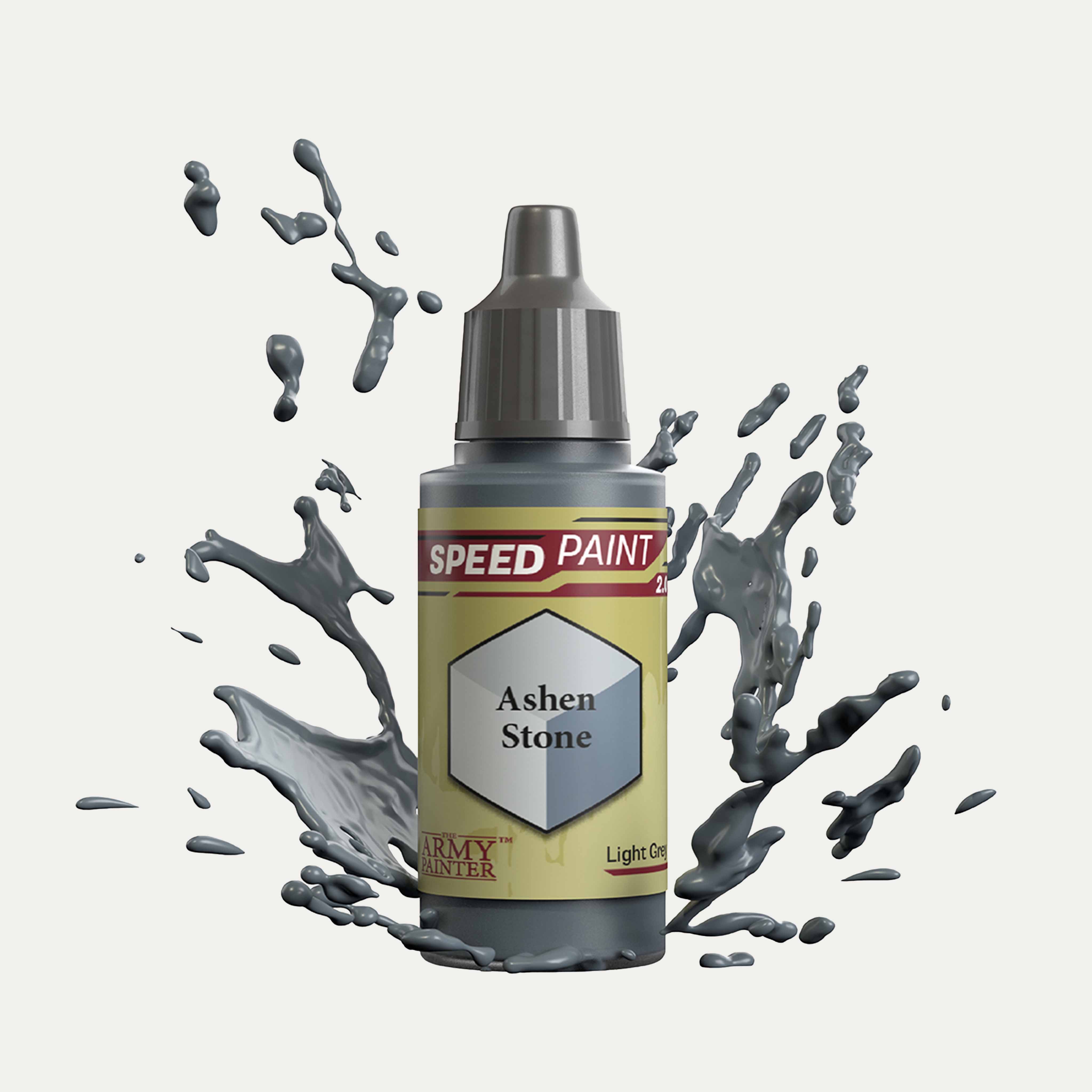 Bottle of the Army Painter Speedpaint in the colour Ashen Stone on a white background. There are splatters of Ashen Stone paint emerging from the bottom of the paint bottle. 