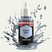 Bottle of the Army Painter Fanatics in the colour Augur Blue on a white background. There are splatters of paint emerging from the bottom of the paint bottle. 