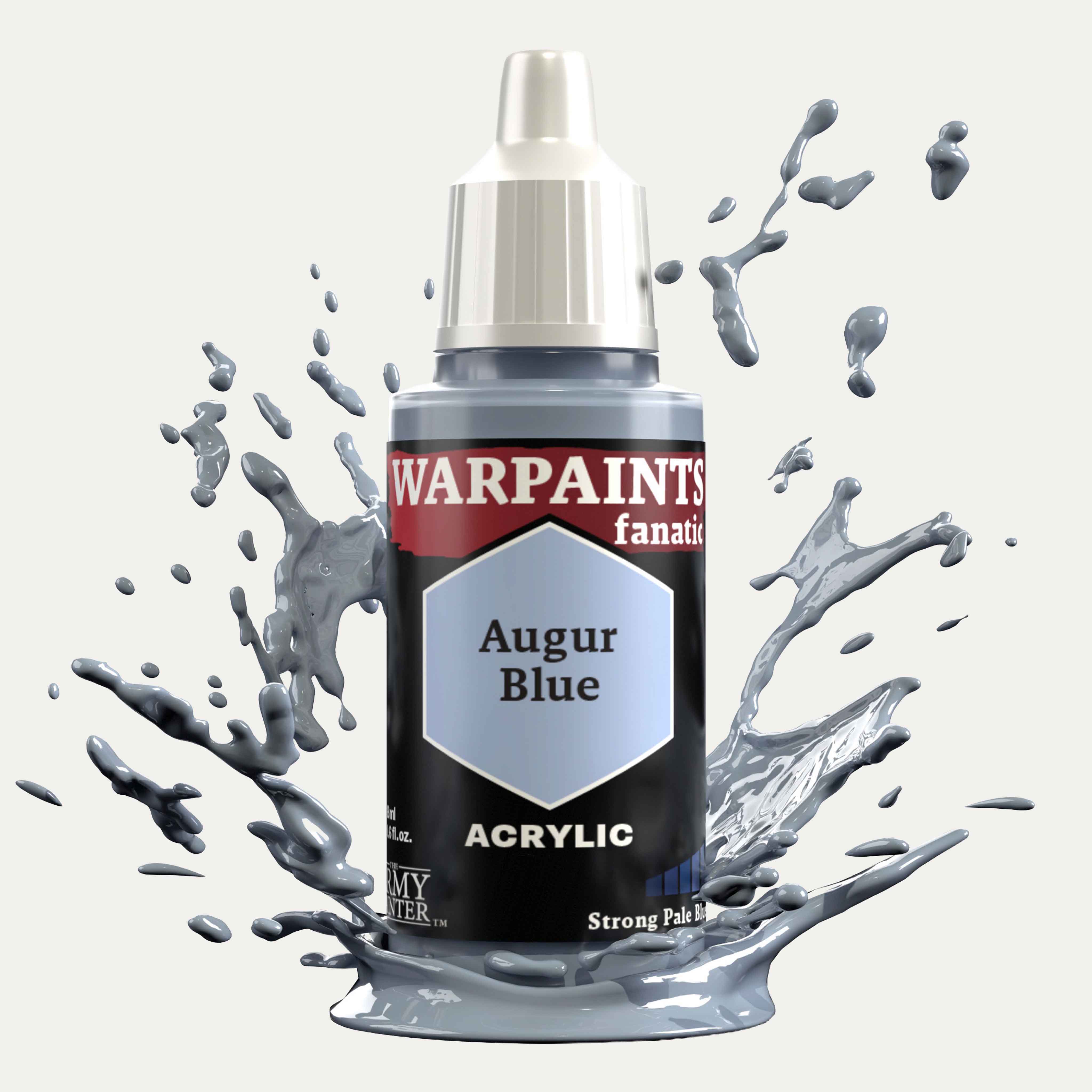 Bottle of the Army Painter Fanatics in the colour Augur Blue on a white background. There are splatters of paint emerging from the bottom of the paint bottle. 