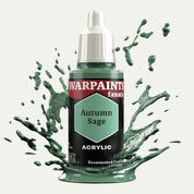 Bottle of the Army Painter Fanatics in the colour Autumn Sage on a white background. There are splatters of paint emerging from the bottom of the paint bottle. 