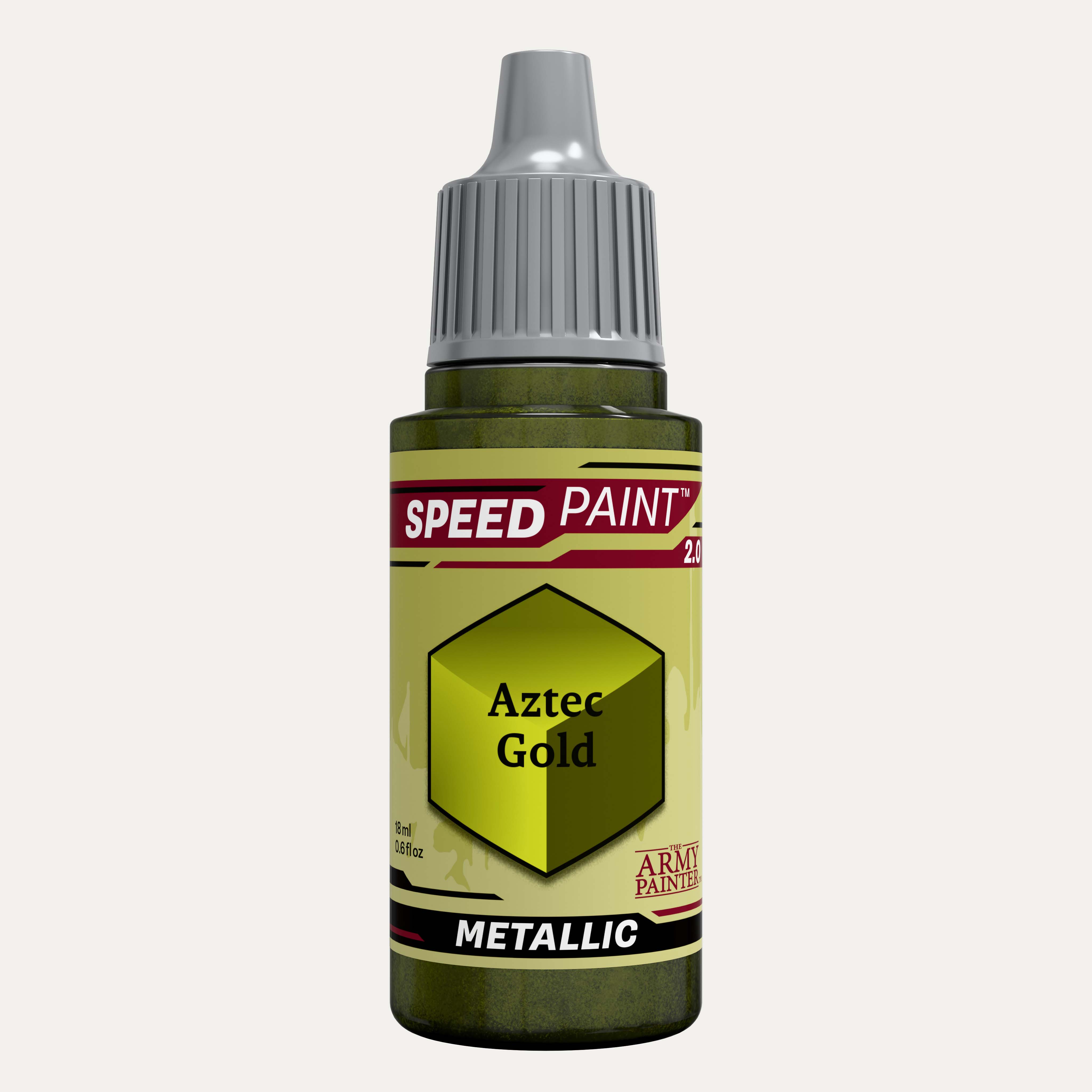 Bottle of the Army Painters metallic Speedpaint in the colour Aztec Gold on a white background. 