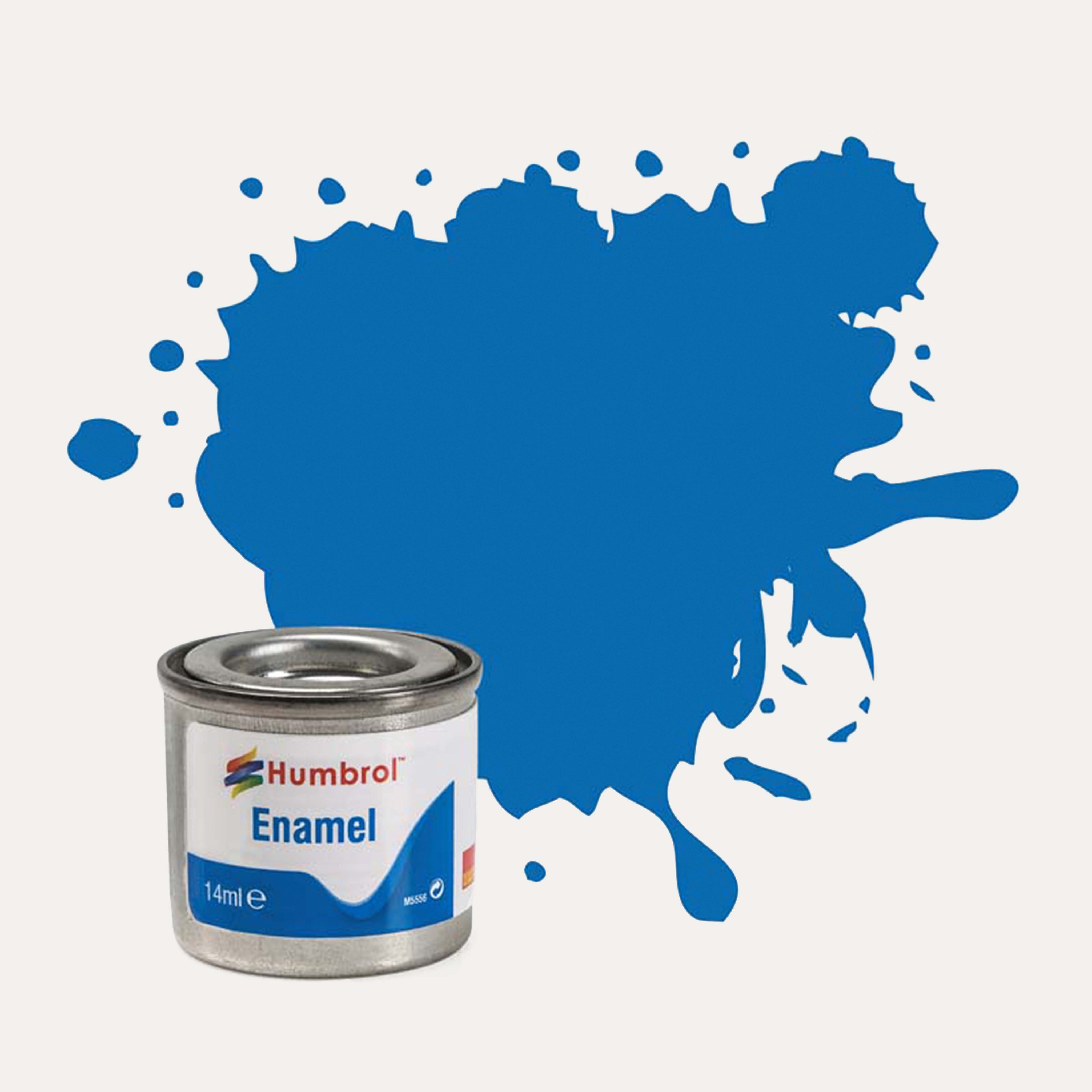 Humbrol Enamel paint tin, with a splatter of Baltic Blue Metallic colour behind it, on a white background.
