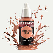 Bottle of the Army Painter Fanatics in the colour Barbarian Flesh on a white background. There are splatters of paint emerging from the bottom of the paint bottle. 