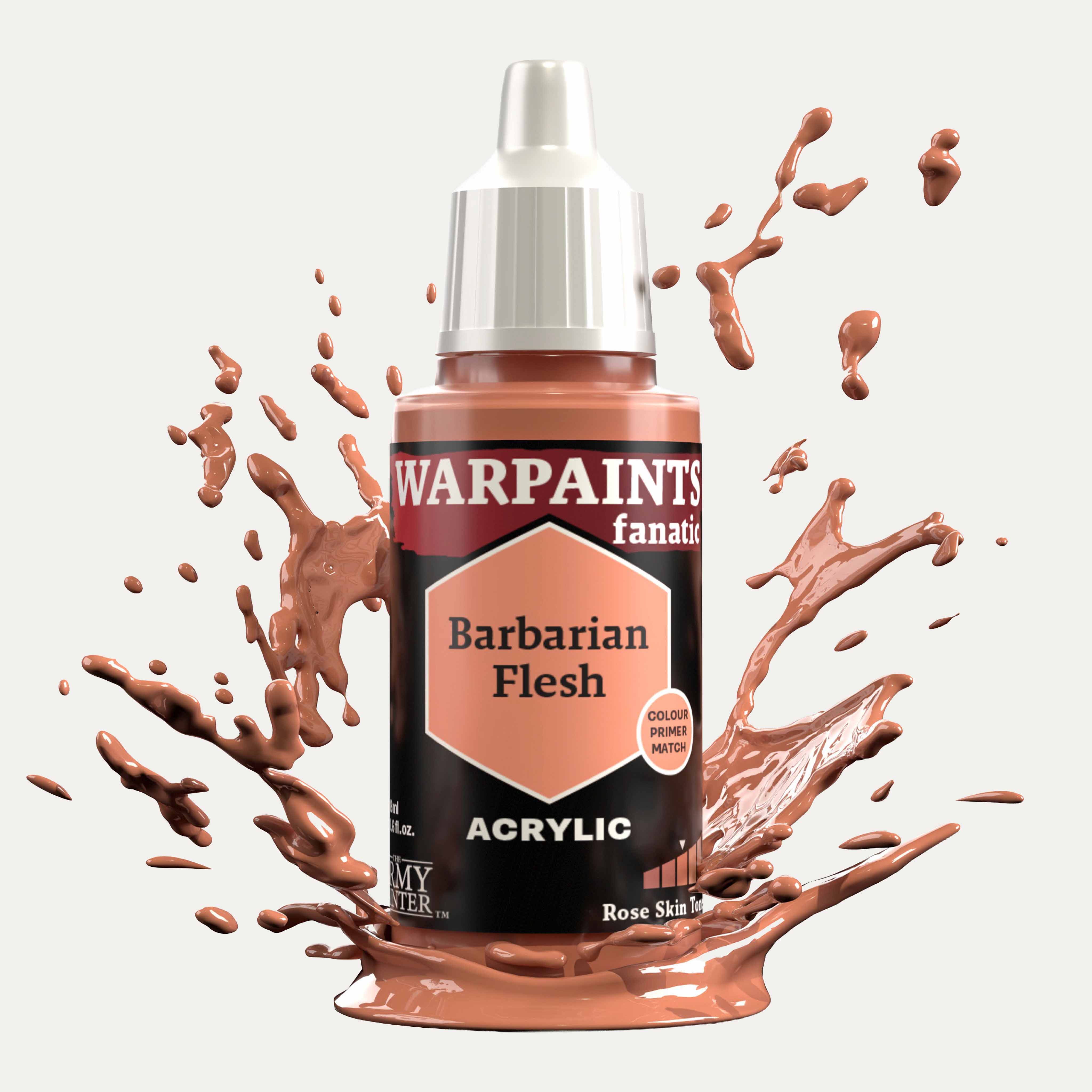 Bottle of the Army Painter Fanatics in the colour Barbarian Flesh on a white background. There are splatters of paint emerging from the bottom of the paint bottle. 