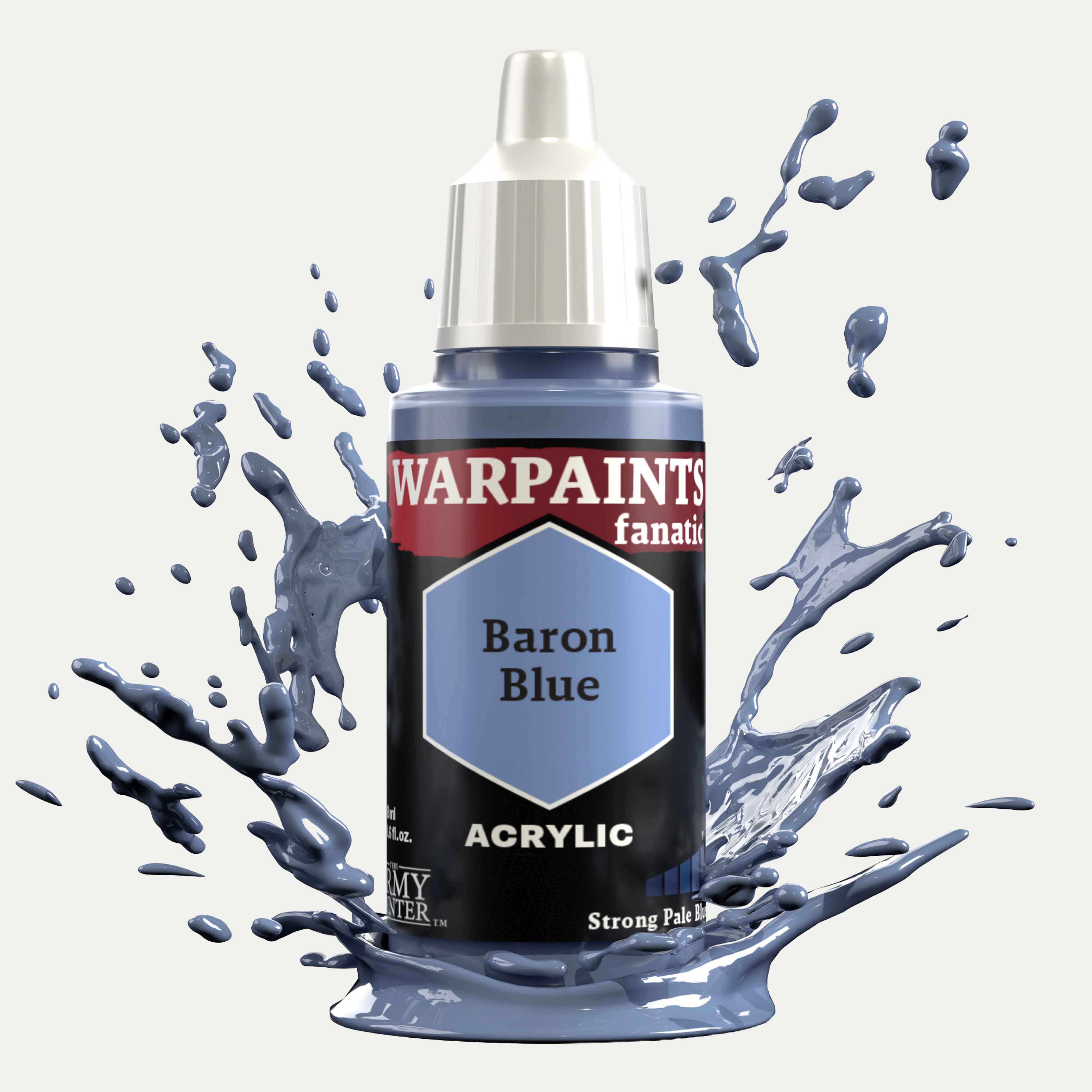 Bottle of the Army Painter Fanatics in the colour Baron Blue on a white background. There are splatters of paint emerging from the bottom of the paint bottle. 