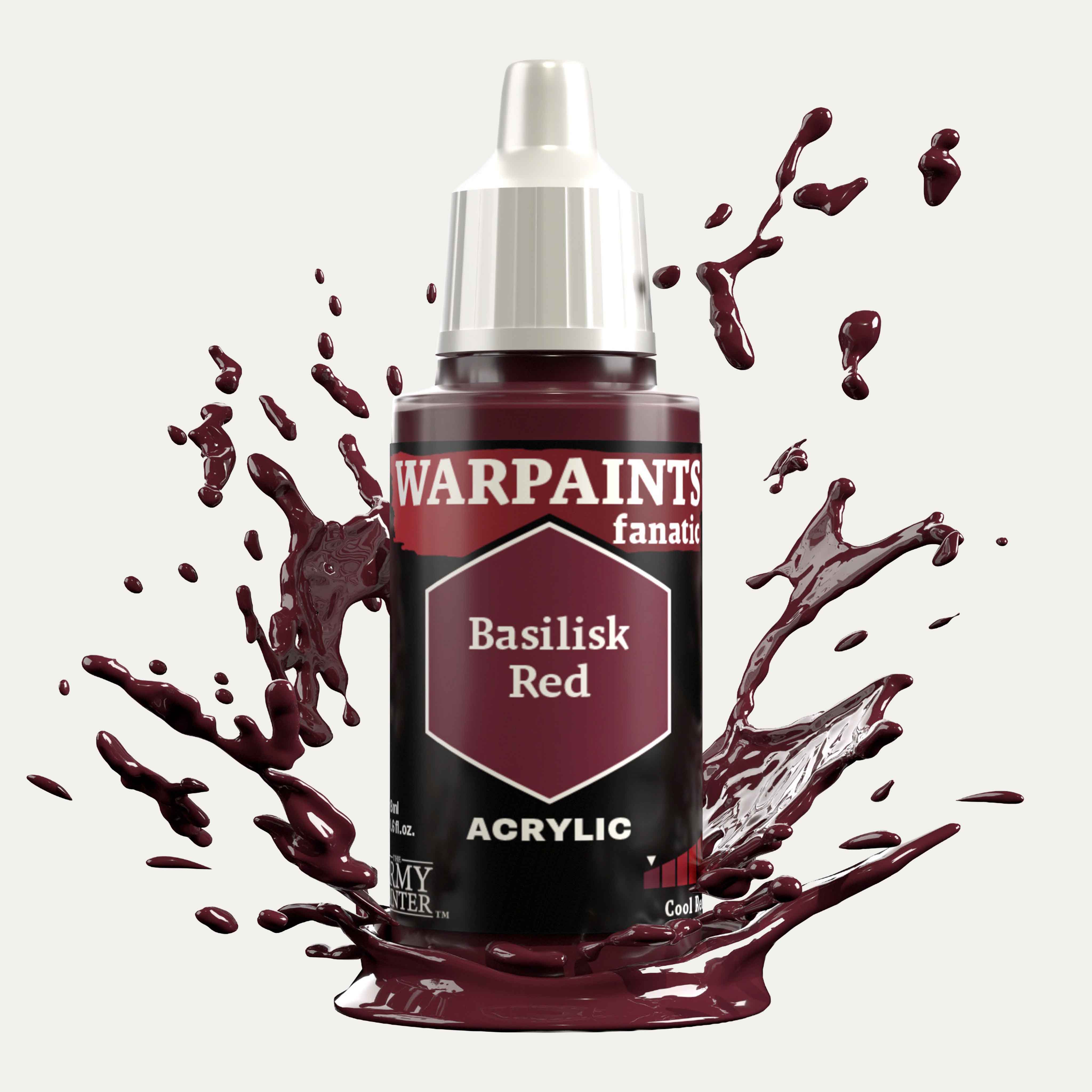 Bottle of the Army Painter Fanatics in the colour Basilisk Red on a white background. There are splatters of paint emerging from the bottom of the paint bottle. 