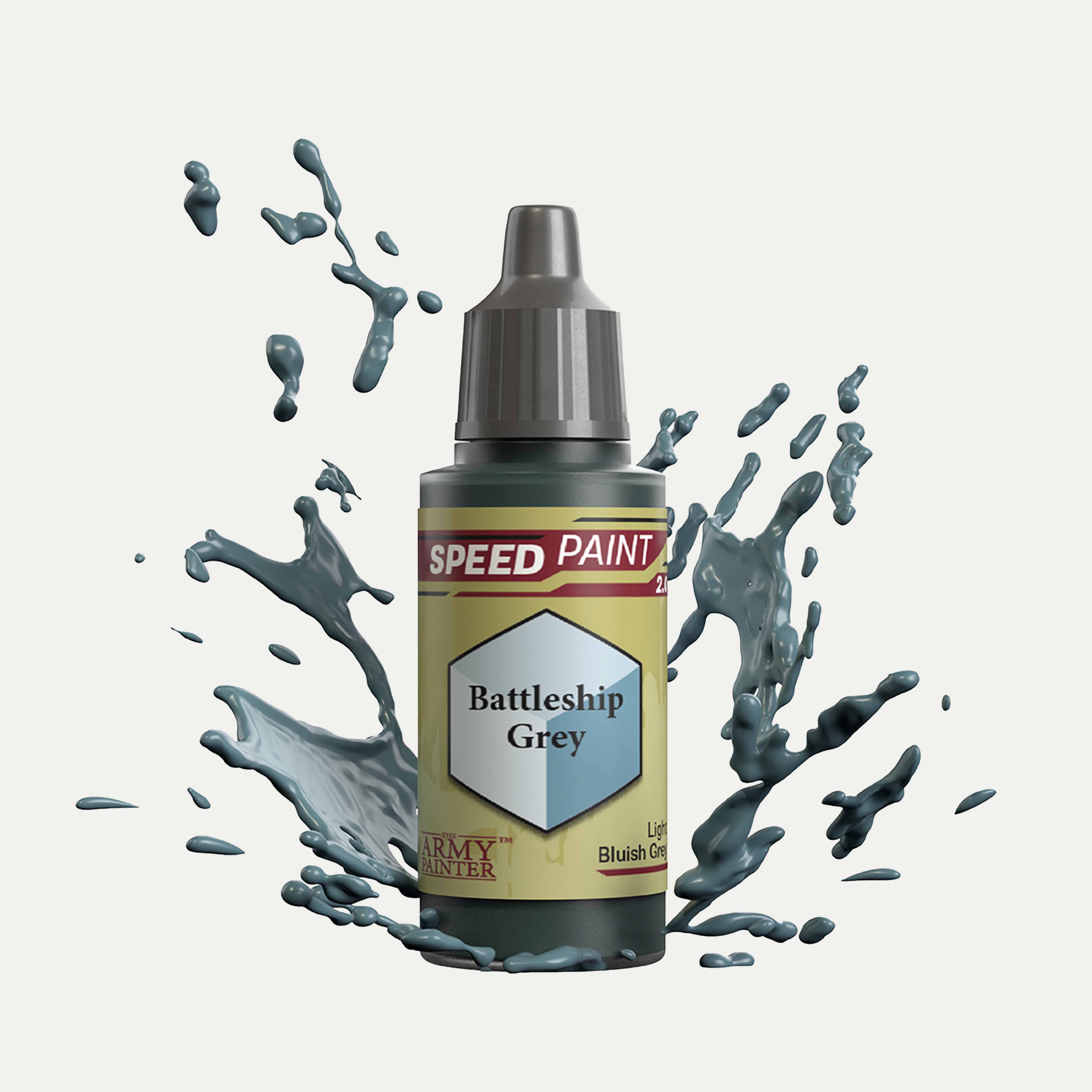 Bottle of the Army Painter Speedpaint in the colour Battleship Grey on a white background. There are splatters of Battleship Grey paint emerging from the bottom of the paint bottle. 