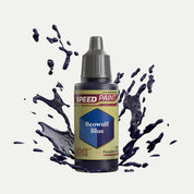 Bottle of the Army Painter Speedpaint in the colour Beowulf Blue on a white background. There are splatters of Beowulf Blue paint emerging from the bottom of the paint bottle. 
