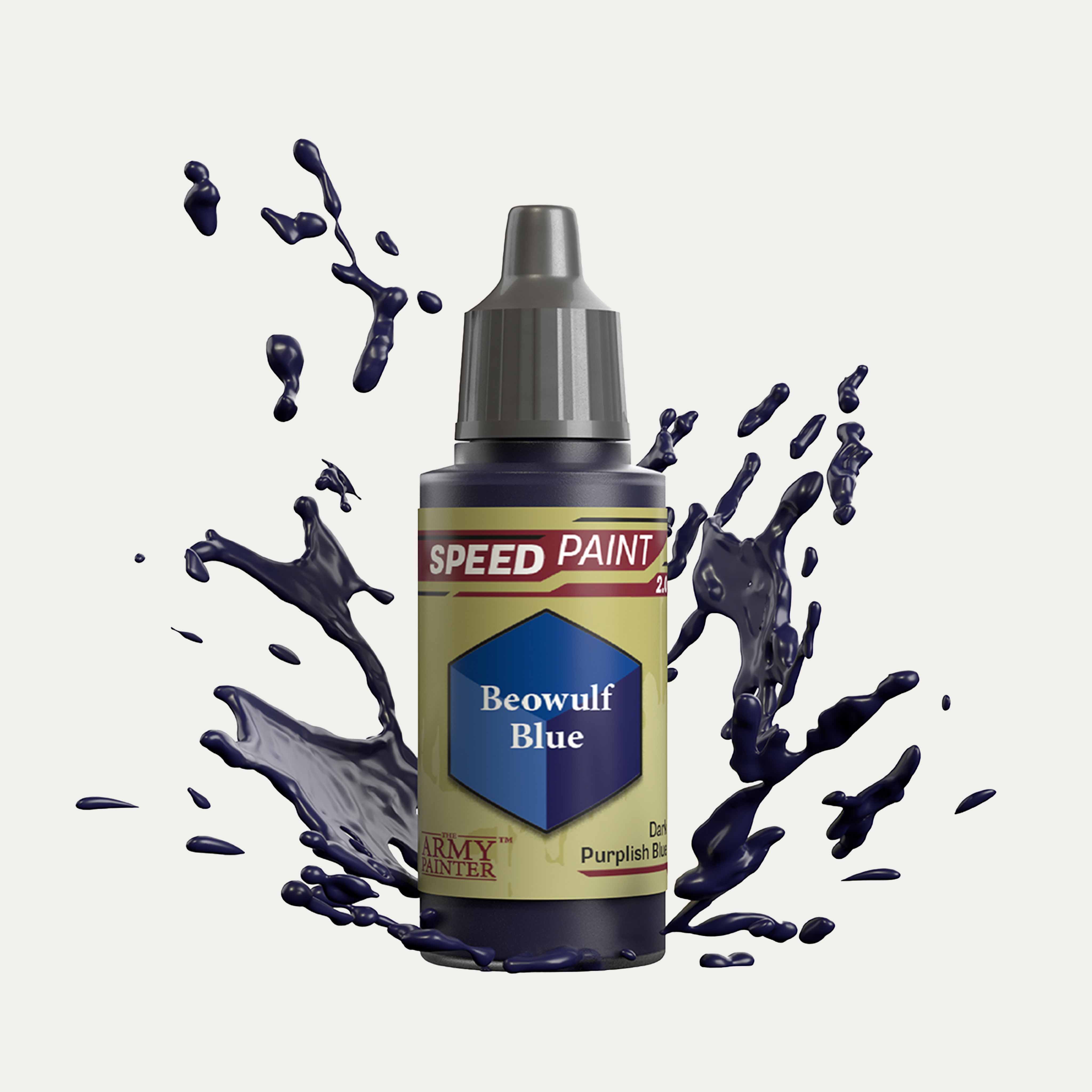 Bottle of the Army Painter Speedpaint in the colour Beowulf Blue on a white background. There are splatters of Beowulf Blue paint emerging from the bottom of the paint bottle. 